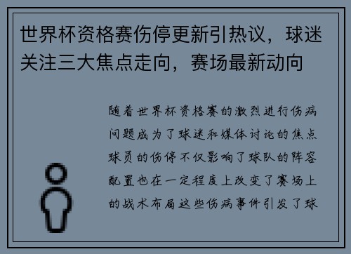 世界杯资格赛伤停更新引热议，球迷关注三大焦点走向，赛场最新动向