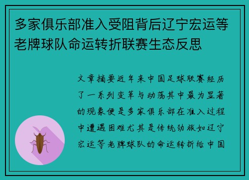 多家俱乐部准入受阻背后辽宁宏运等老牌球队命运转折联赛生态反思